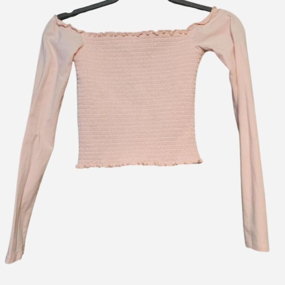Hollister Co Women's Small Pink Smocked Off Shoulder Lettuce Edge Crop-top